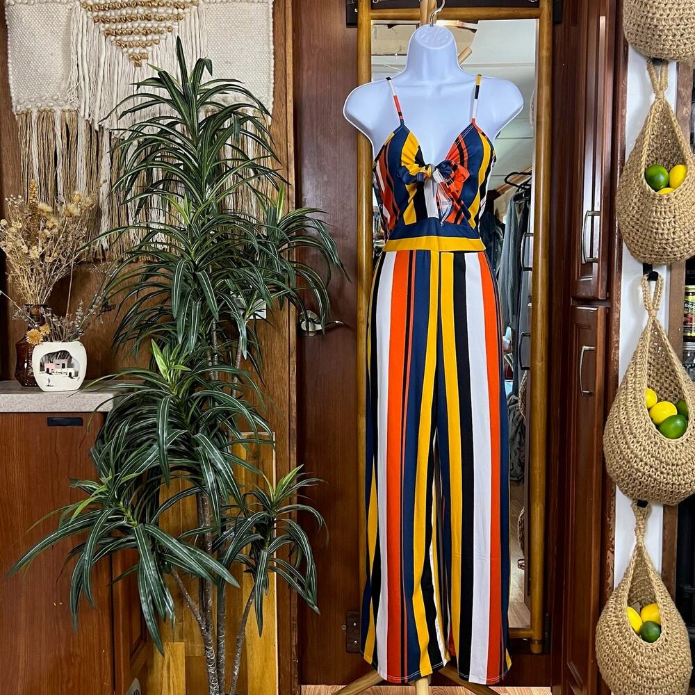 Striped Wide Leg Jumpsuit Small Tie Front Festival Resort Multicolor Statement